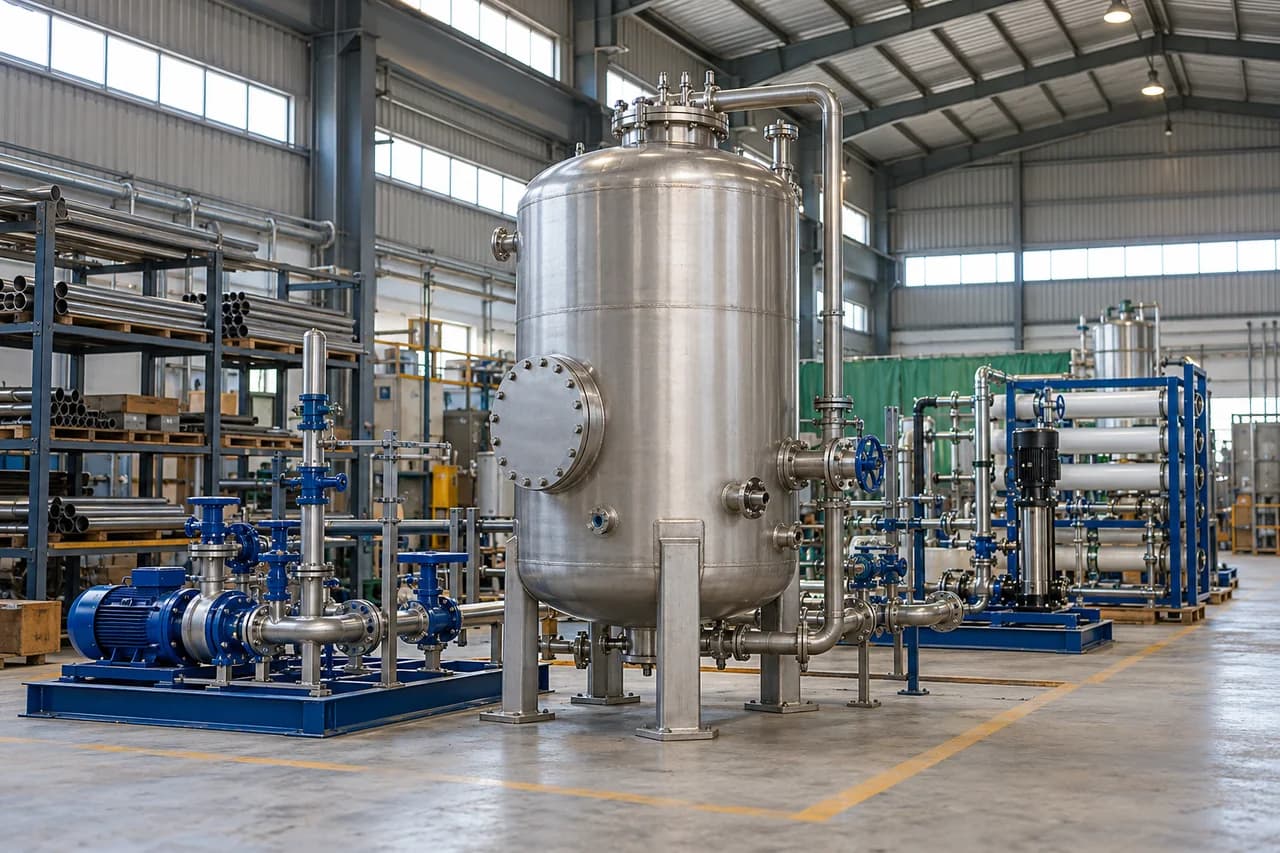 Illustrative equipment workshop with a stainless treatment vessel and pump skids, not the company factory