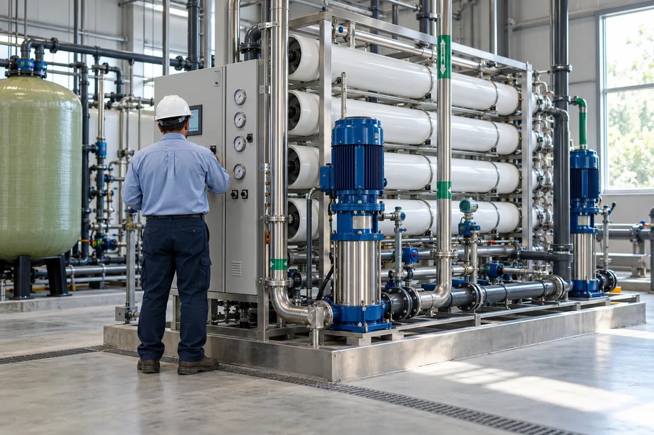 Illustrative technician viewed from behind checking a control panel beside water filtration equipment