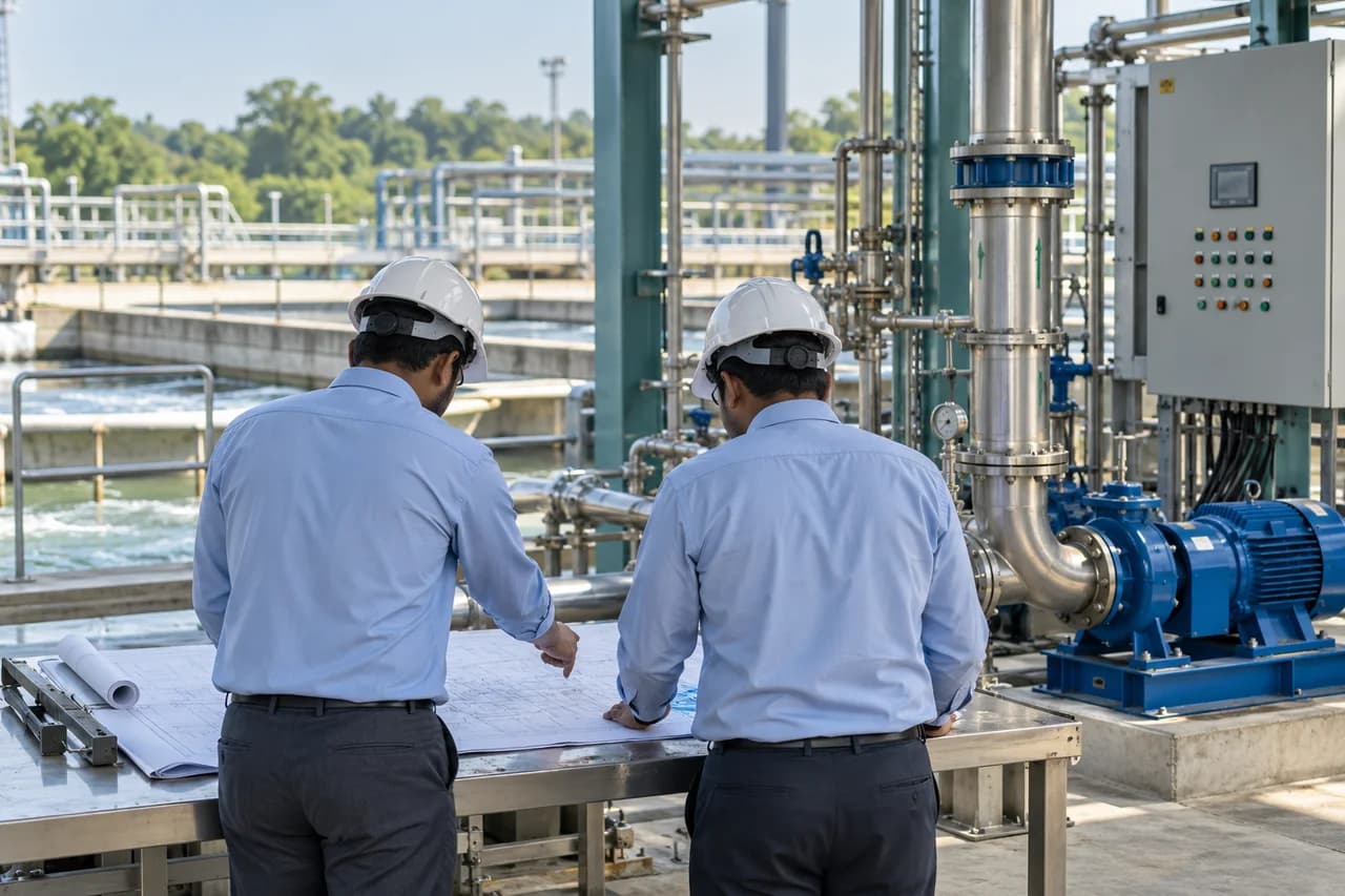 Illustrative engineers viewed from behind reviewing a plant drawing beside treatment equipment