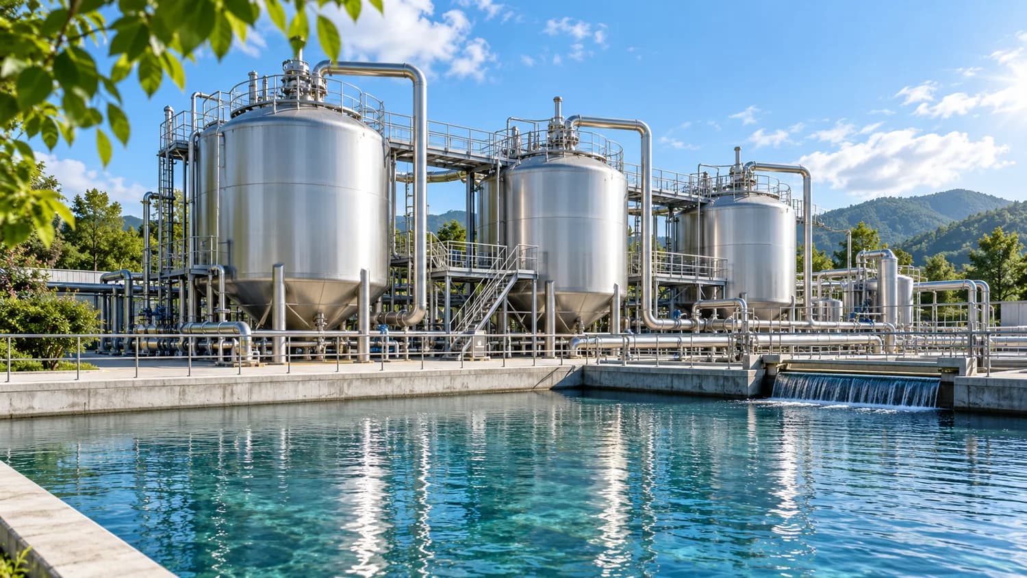 Illustrative stainless steel treatment tanks beside a clear water basin