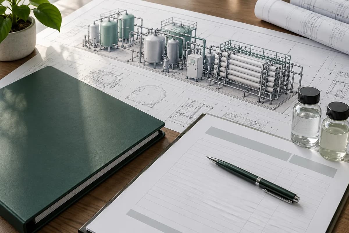 Illustrative engineering drawings and a model treatment plant on a planning desk