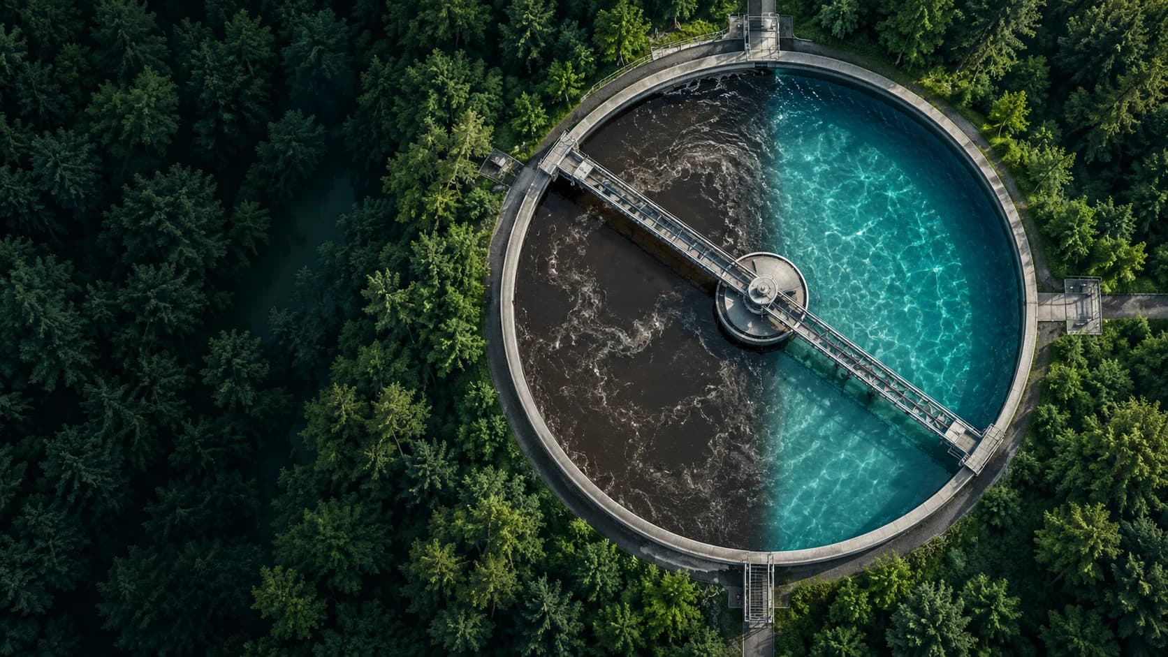Illustrative aerial view of a circular effluent clarifier surrounded by trees