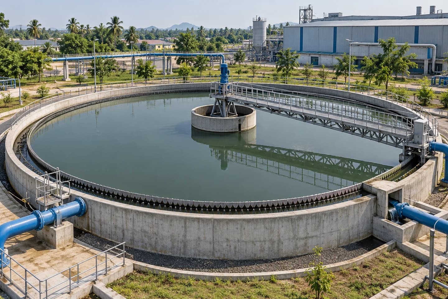 Illustrative industrial effluent treatment clarifier with a circular settling tank and access bridge